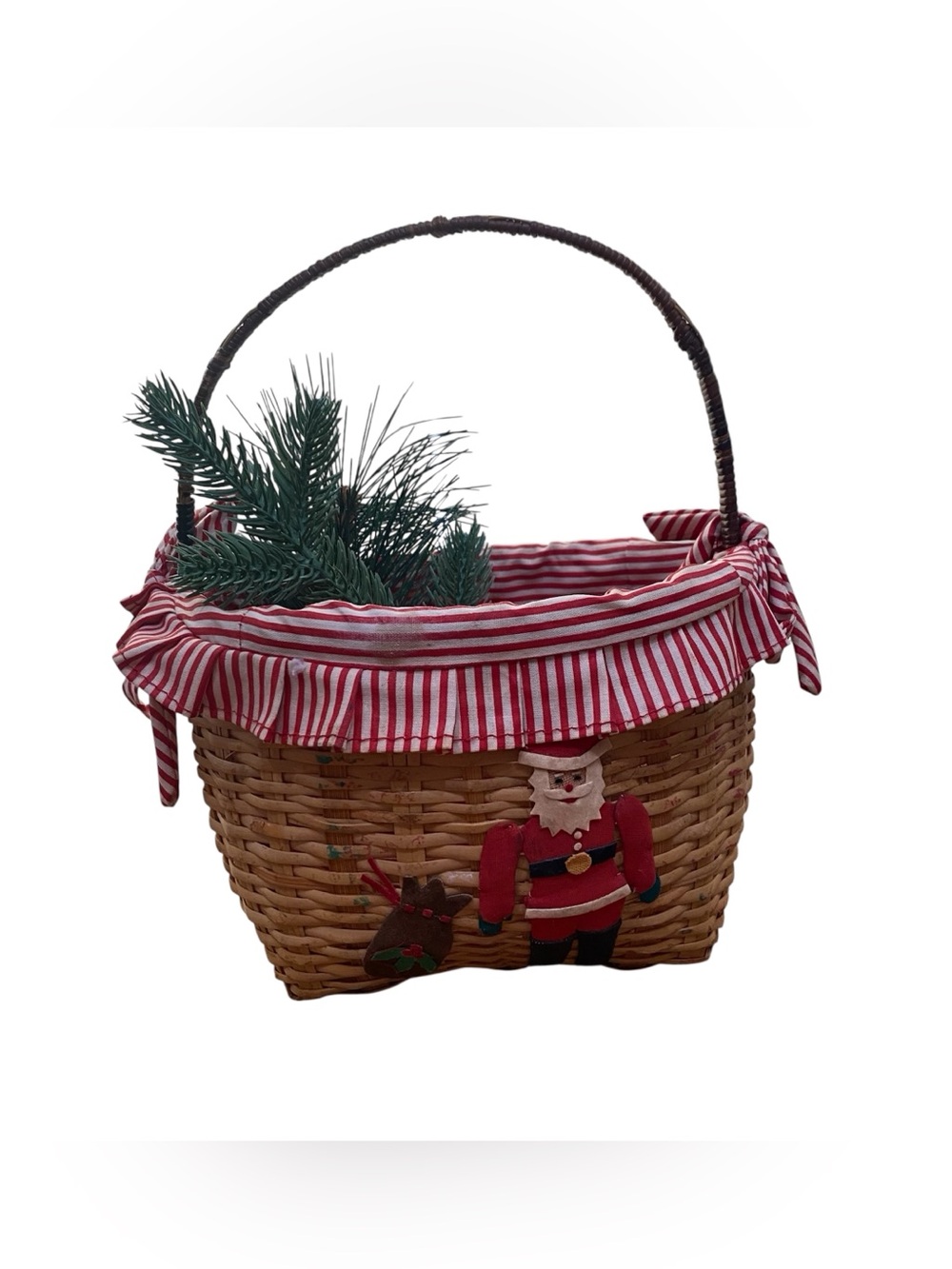 Vintage Handwoven Holiday Basket with Santa Accent - Red & Natural